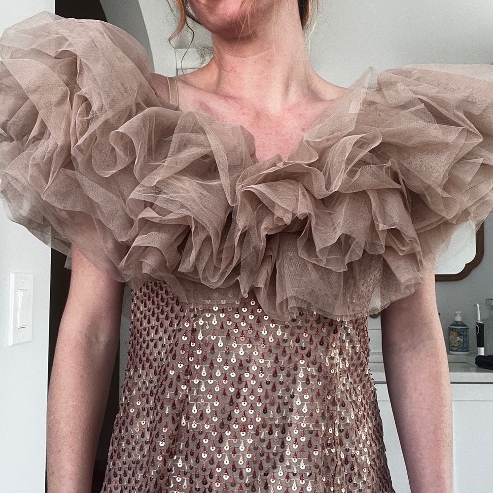 Formal Nude Dramatic Ruffled Sequence Blouse - image 7